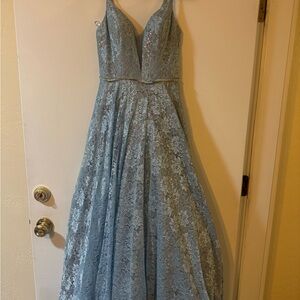 JVN Light Blue Sparkly Lace Prom Dress